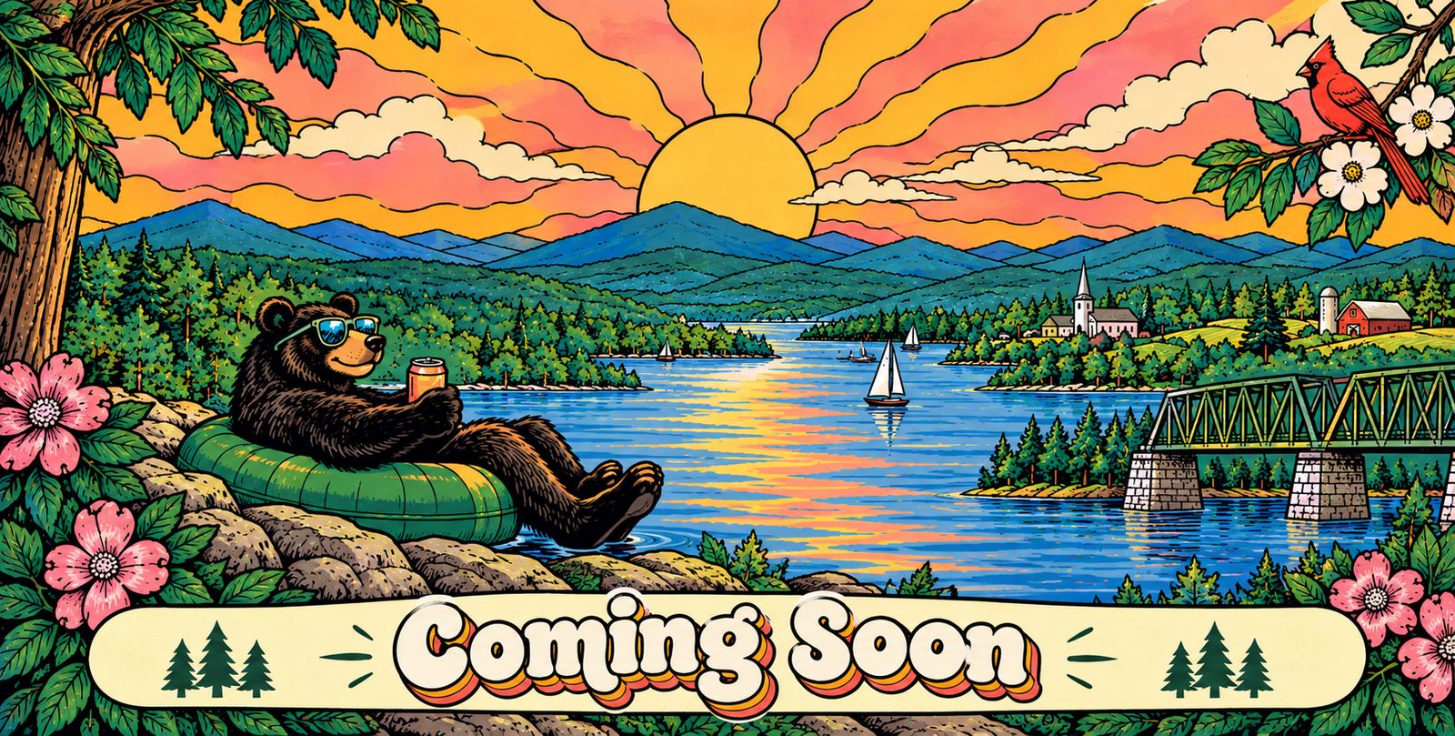 Franklin County at sunset: a black bear floating in an inner tube on Smith Mountain Lake, dogwood blossoms, a cardinal, the Blue Ridge in the distance, with a Coming Soon banner